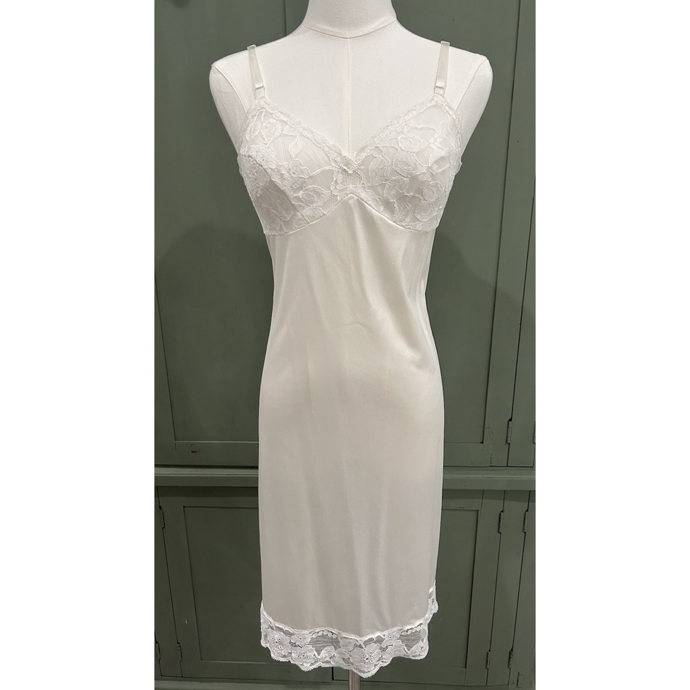 VTG Vanity Fair Ivory Midi Slip Dress Lace Trim Dainty Romantic Coquette Size 34